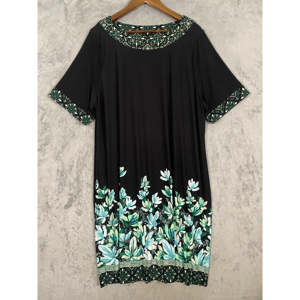 JM Collection Dress 3X Black Chic Escape Floral Embellished Stretch Modest NEW